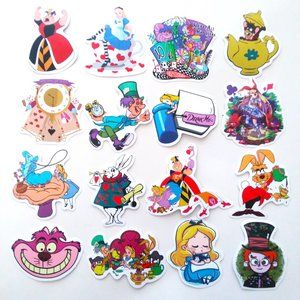 16 Alice in Wonderland Stickers Lot Cheshire Cat Laptop Water Bottle Rabbit Trip